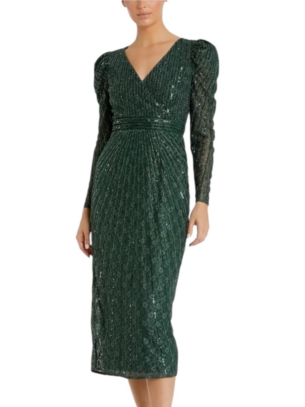 NWT MAC DUGGAL Beaded Lace Long Sleeve Midi Dress Green Size 0